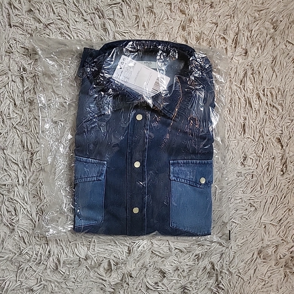 Mango Man Denim Shirt Snap Button Size Large L New NWT Mixed Denim Pearl Buttons